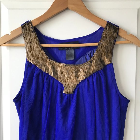 Blue Mini Dress with Gold Sequin Collar - Picture 2 of 3